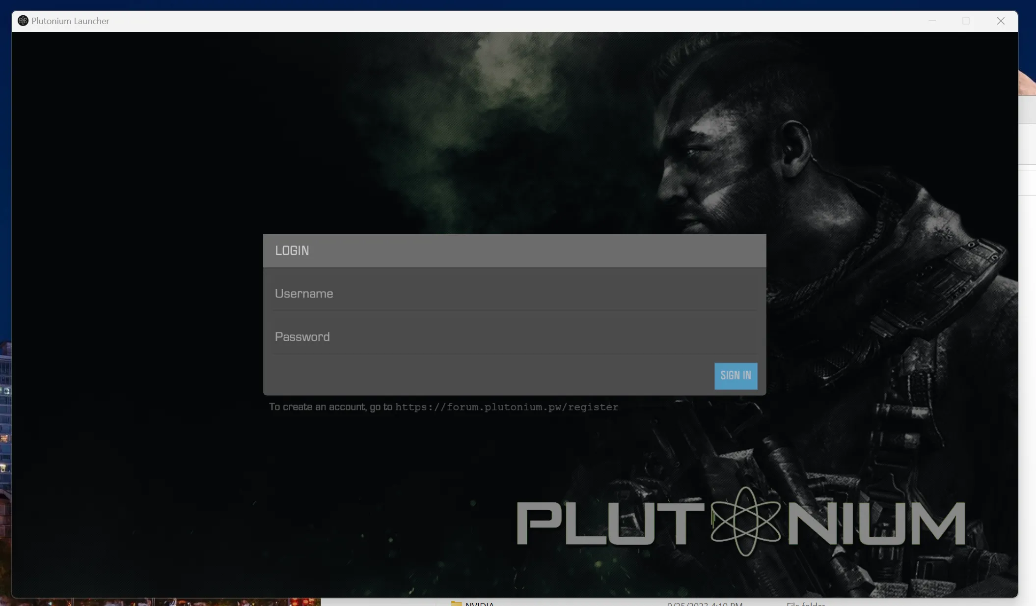 The login screen for Plutonium